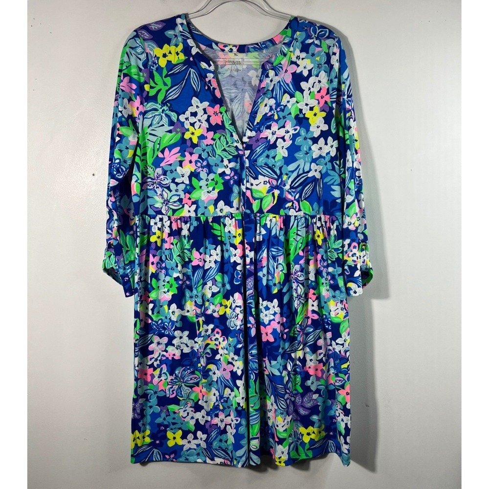 Lilly Pulitzer Loran Dress V Neck Borealis Blue Social Sunset L NWT